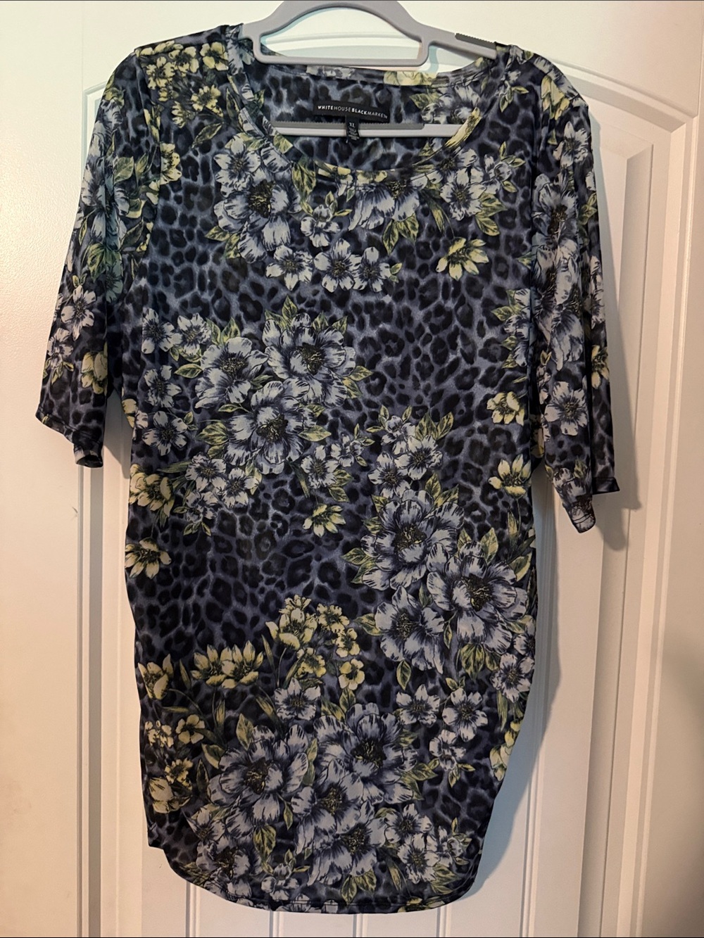 White House Black Market Navy Floral & Leopard Midi Top